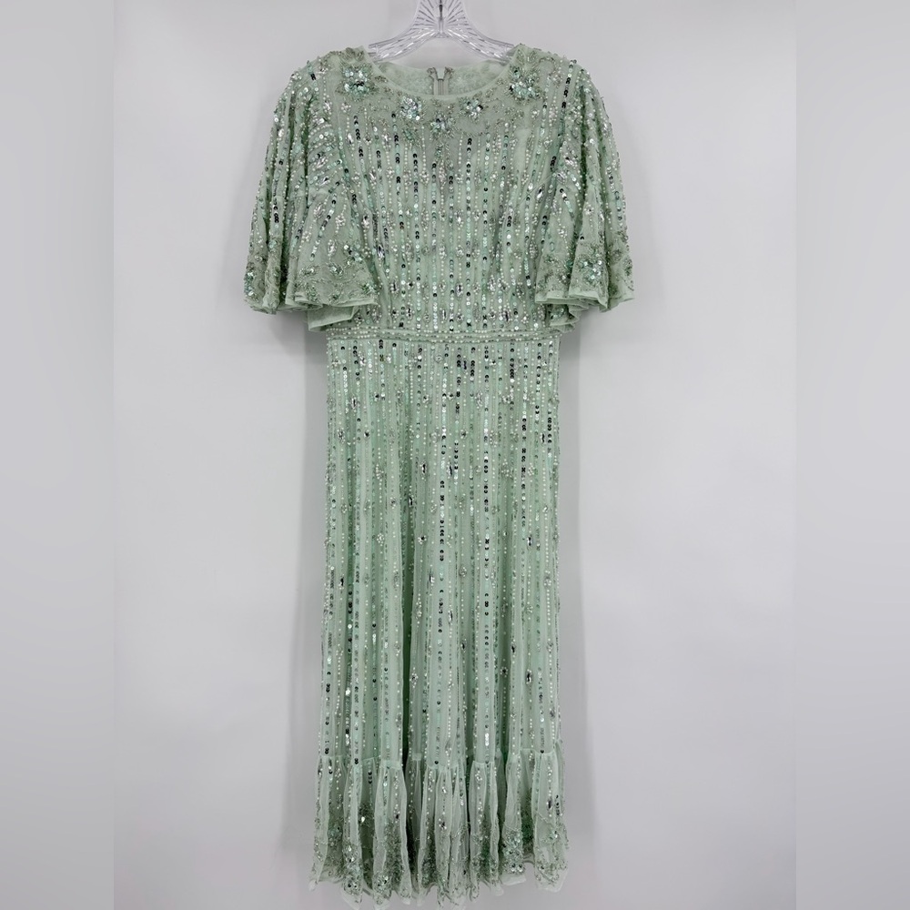 Mac Duggal NWT Sequined Flounce Sleeve Midi Dress Sage Green Size 4 - Picture 3 of 16